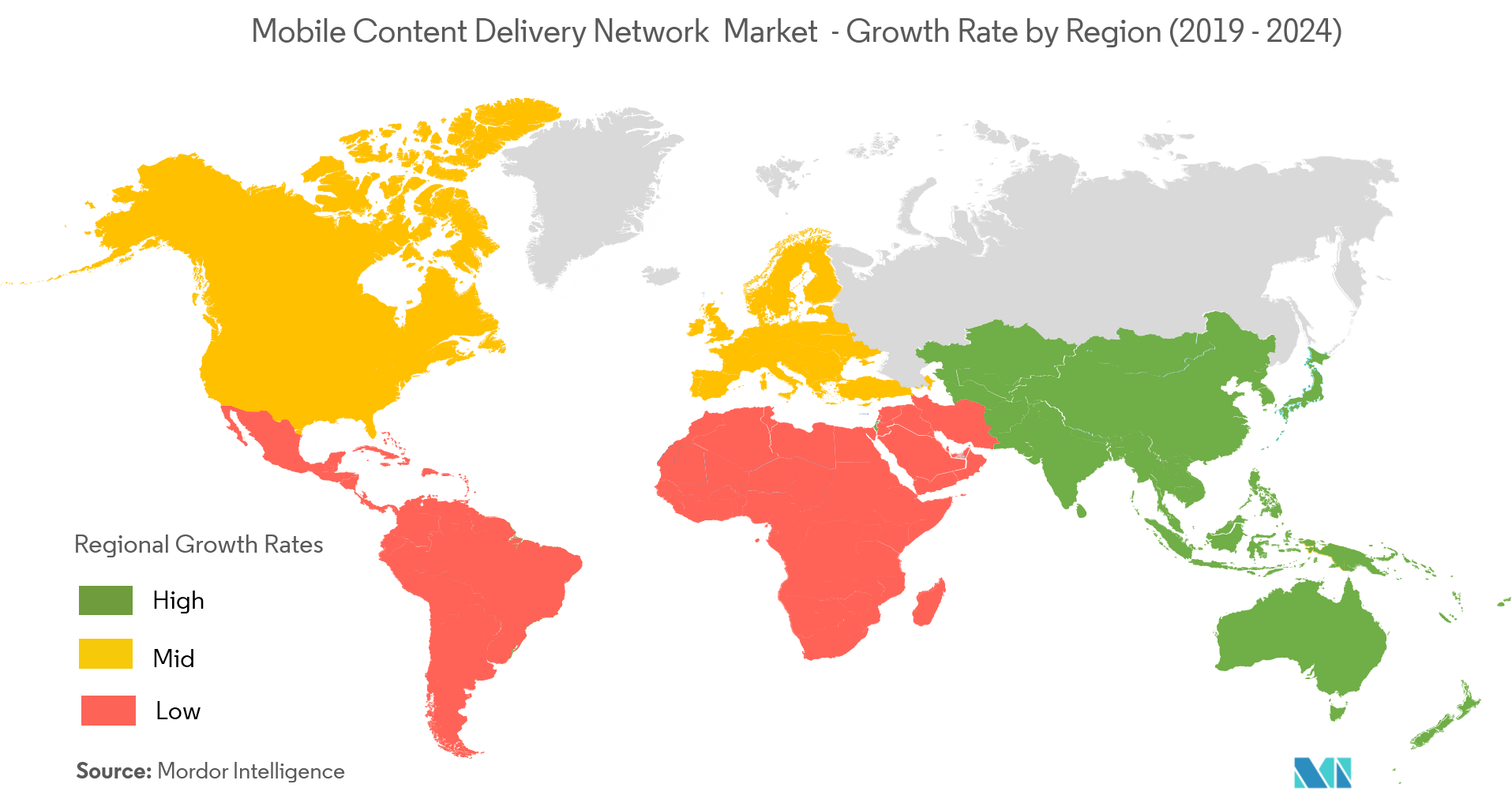 移动内容交付网络市场：按地区划分的增长率（2019-2024）